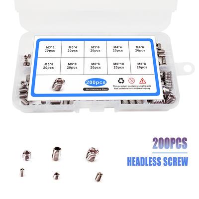 200pcs Black 304 Stainless Steel M3-M8 Screw Headless Hexagon Socket Machine Meter Screw Flat End Fastening