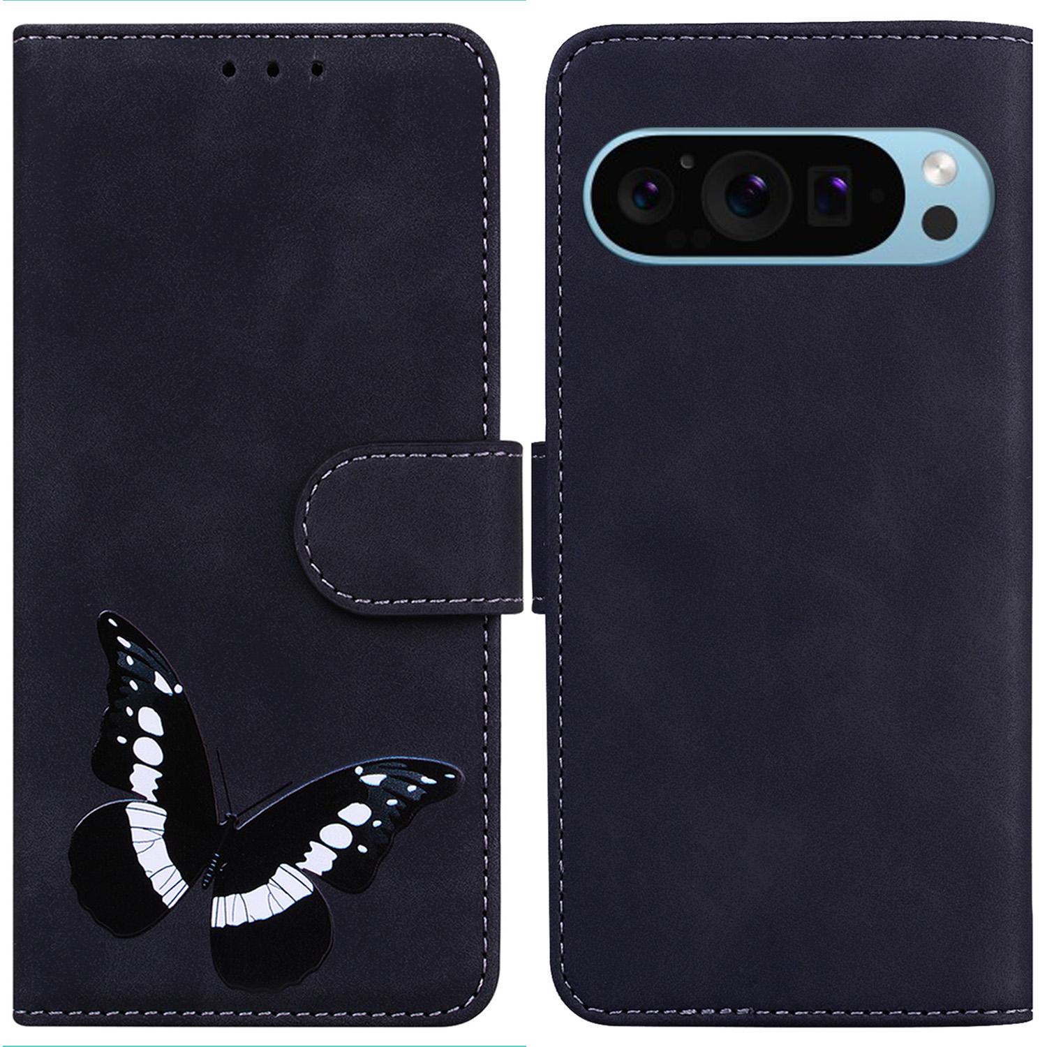 

For Google Pixel 9/Pixel 9 Pro Protective Case Butterfly Printing Leather Phone Cover Black
