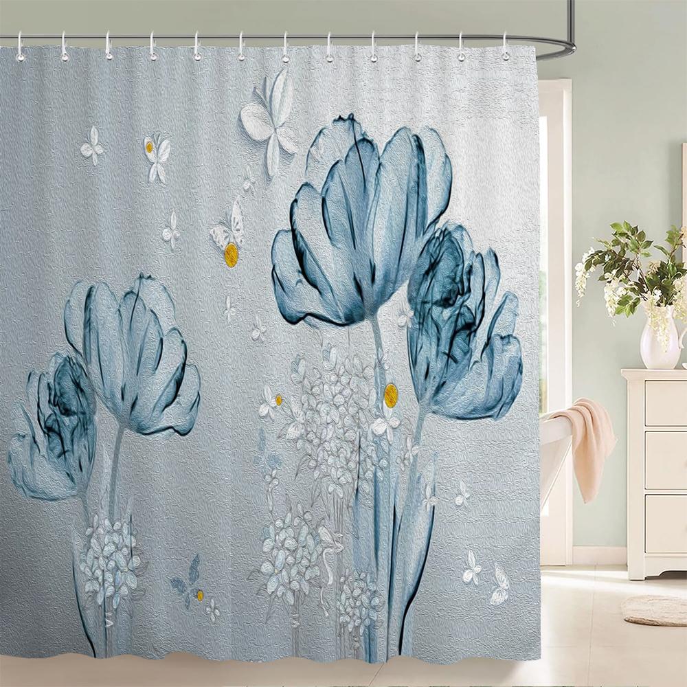 3D European Beautiful Flower Printing Bathroom Curtain Waterproof Polyester Shower Curtain Home Decoration Curtain with Hooks
