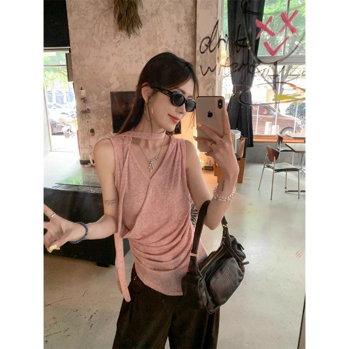 Summer Slim and Thin Side Waist Pleated Sling Vest Women's Fashion Asymmetrical Hem Design Streamer Sleeveless Top
