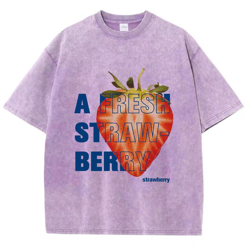 Ležérní dámská trička s kyselinovým praním, topy s jahodovým potiskem, opotřebovaná nadměrná bavlněná trička, trendy dámské oblečení
