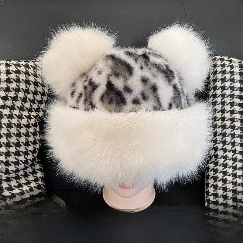 Women's Leopard Print Plush Mongolian Hat Autumn Winter Thickened Warm Plush Ear Flap Hat