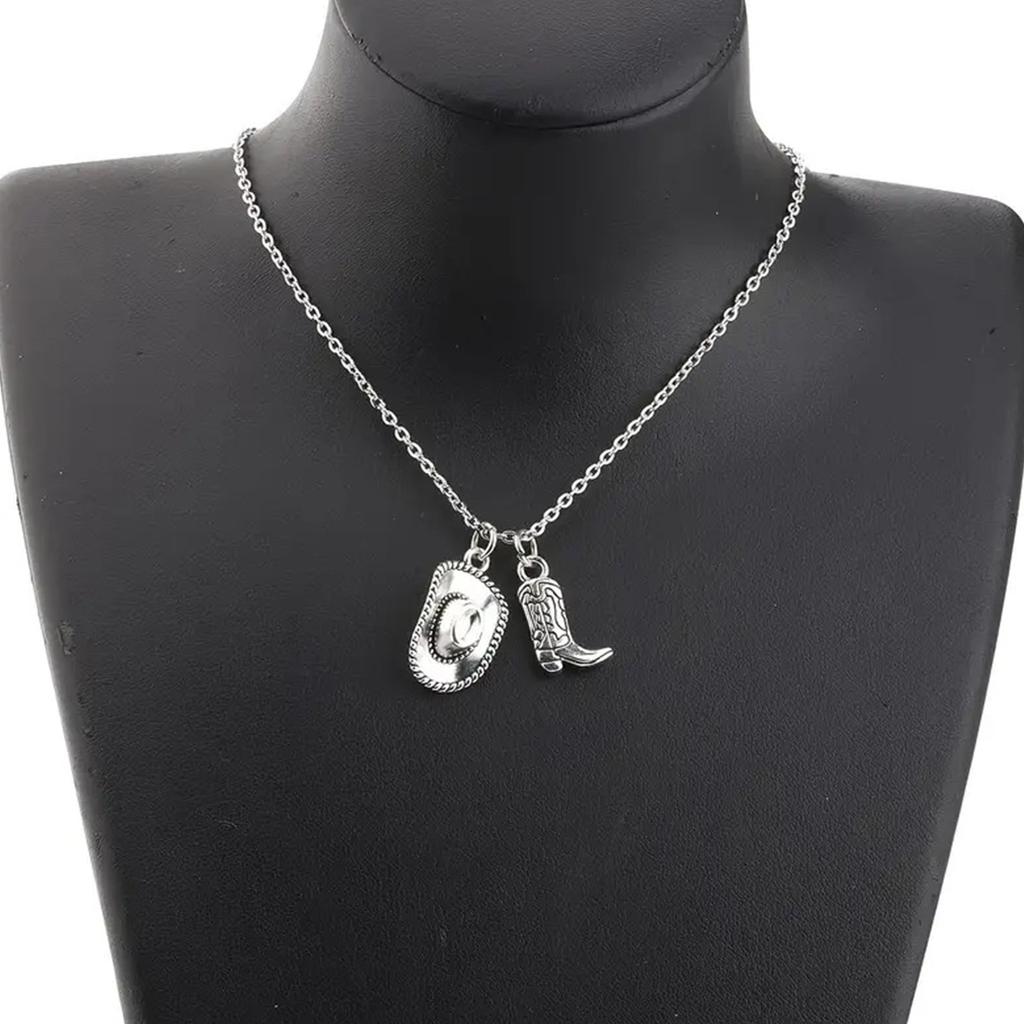 Vintage Western Cowboy Hat Boots Charm Pendant Necklace Adornment For Women Punk Jewelry Gifts Party Accessories