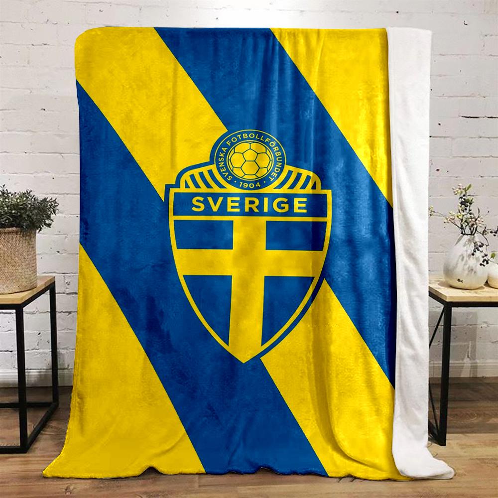 Sweden Football Emblem on Yellow-Blue Design Flannel blanket for bedroom, living room, sofa, and nap sofas.