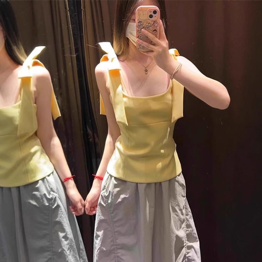 Slim and Thin Solid Color Sleeveless Square Neck Top Summer Sweet Niche Design Bow Sling Vest Women