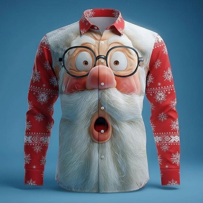 Christmas Men's Long Sleeve 3D Shirt, Santa Claus Grid  Plaid Print, Modern Streetwear Style, 2025 Autumn Winter Casual Top
