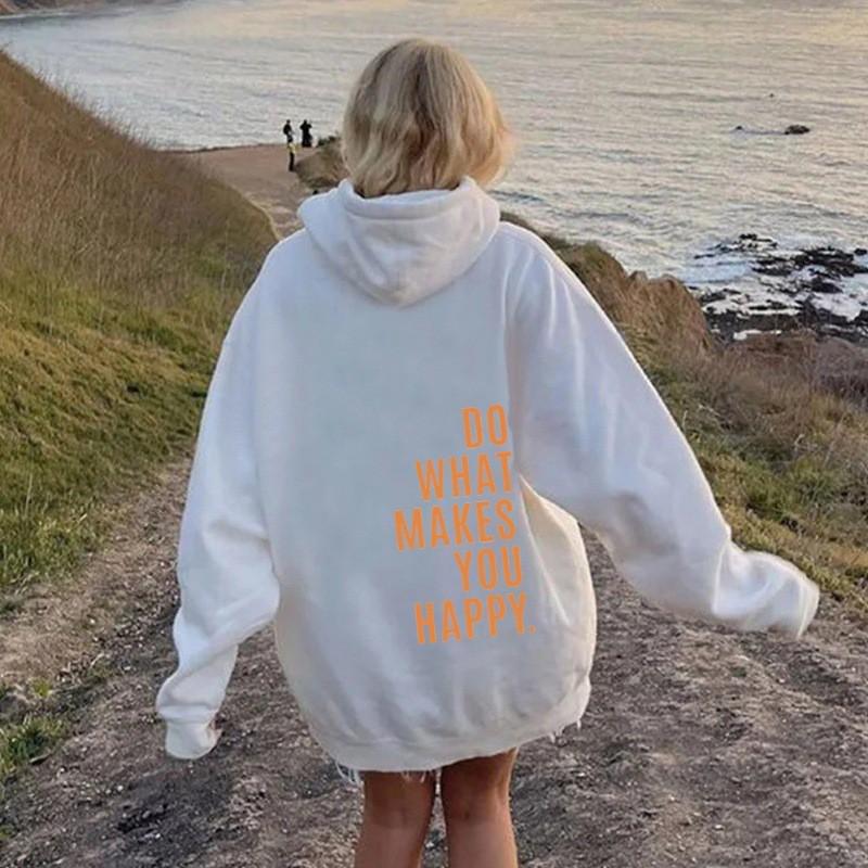Womens Hooded Sweatshirt Streetwear Loose Fit Long Sleeve Printed Pullover Casual Top