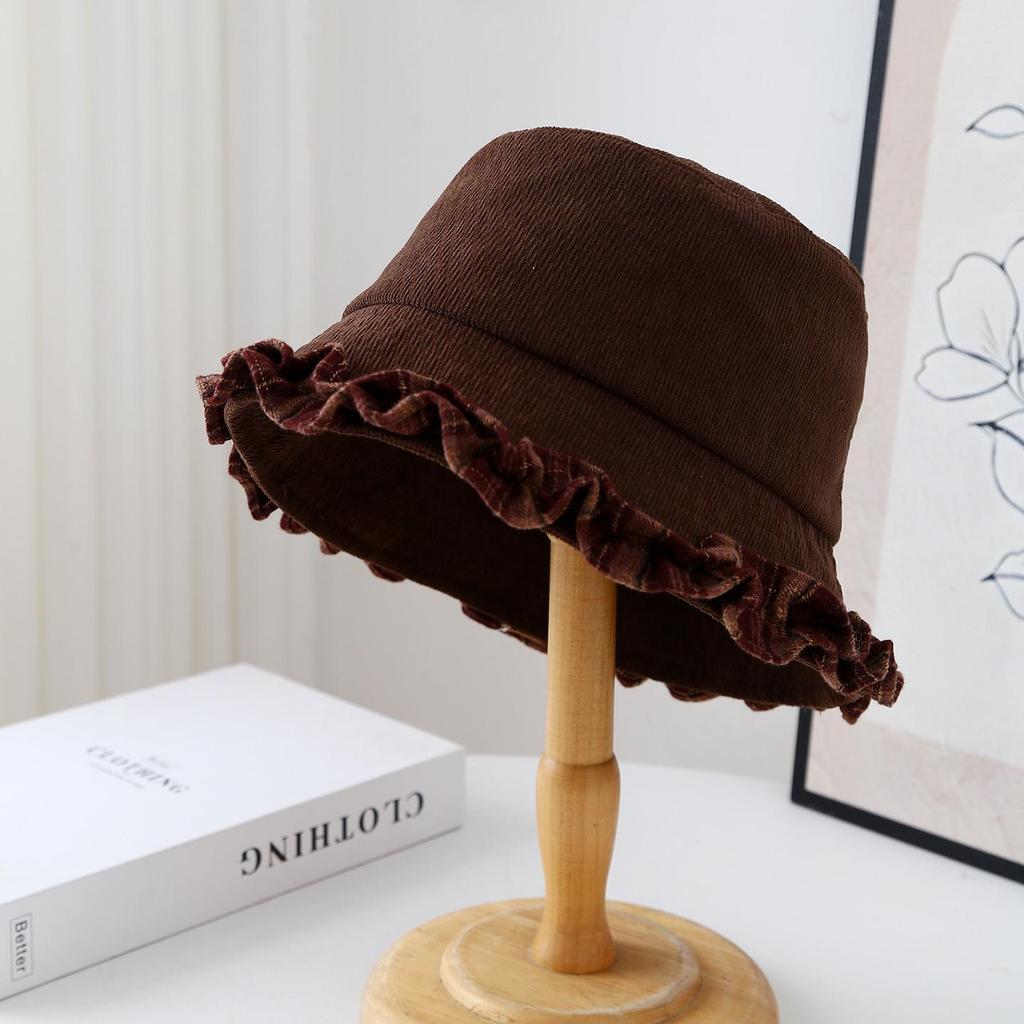 Women's Autumn Retro Minimalist Lace Velvet Bucket Hat - Versatile for Large Head Circumference