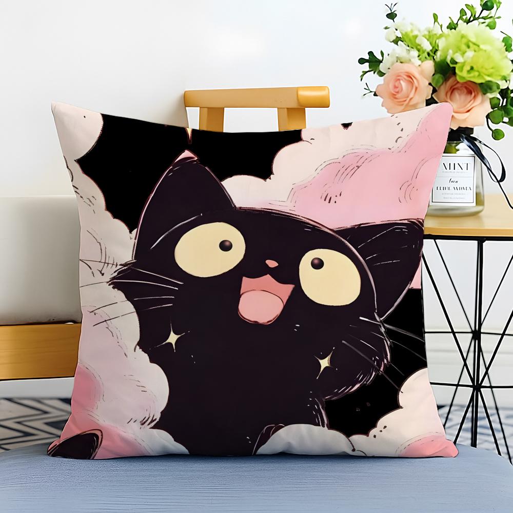 Cute cartoon little black cat Cushion Cover Washable Linen comfort Soft  for Sofa Bed Cozy Home Room Decor