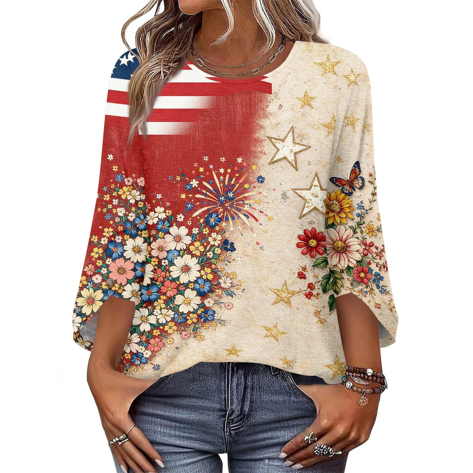 

Womens Tops 3/4 Length Sleeve Dressy Casual Blouses For Women Trendy Round Neck T Shirts L бежевый
