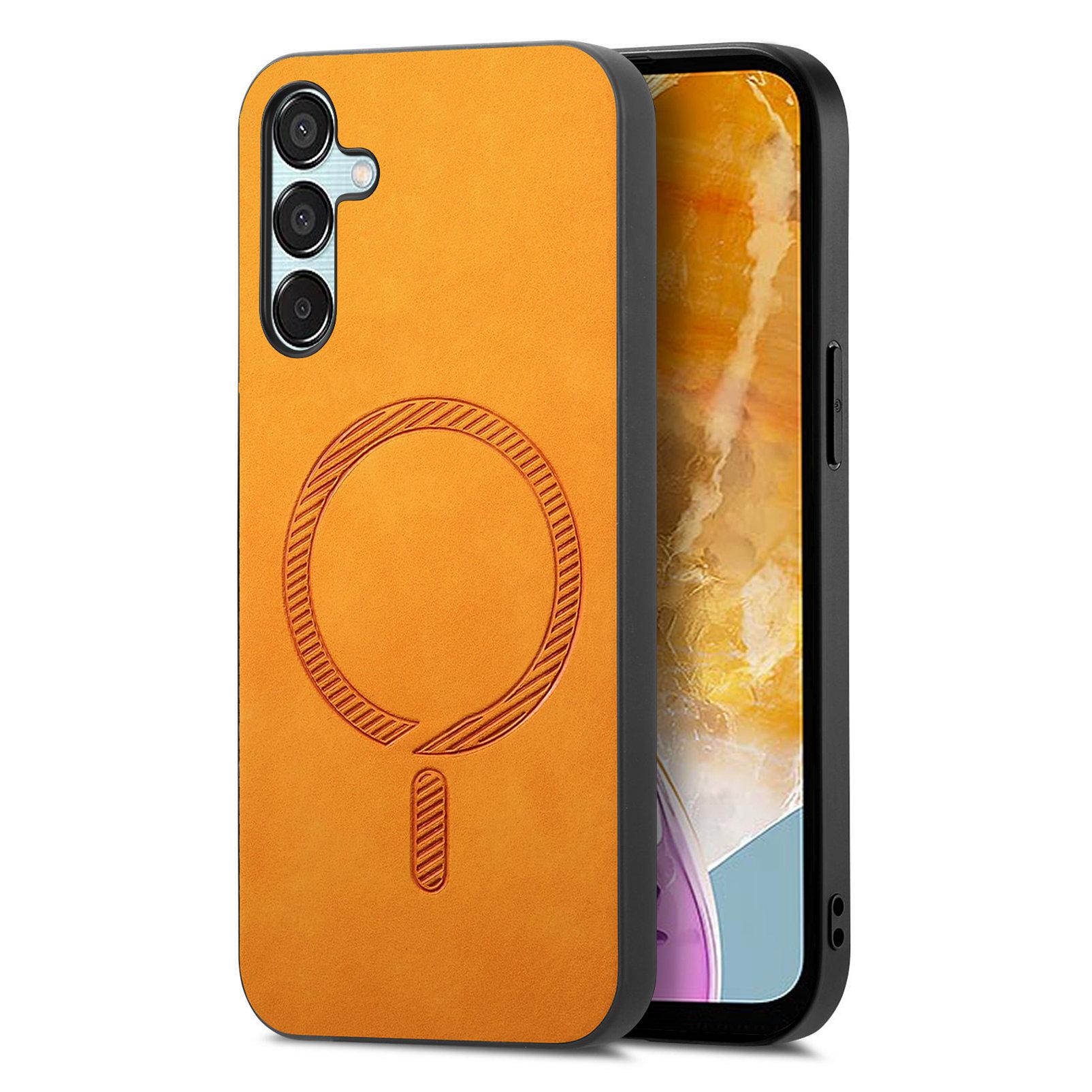 

For Samsung Galaxy F15 5G Leather Back Case Compatible with MagSafe Skin-touch Phone Cover Yellow