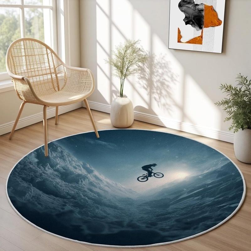 Vibrant Dual Sunset Mountain Landscape Round Rug Scenic Valley Forest Print Non Slip Soft Carpet Boho Style Living Room Decor