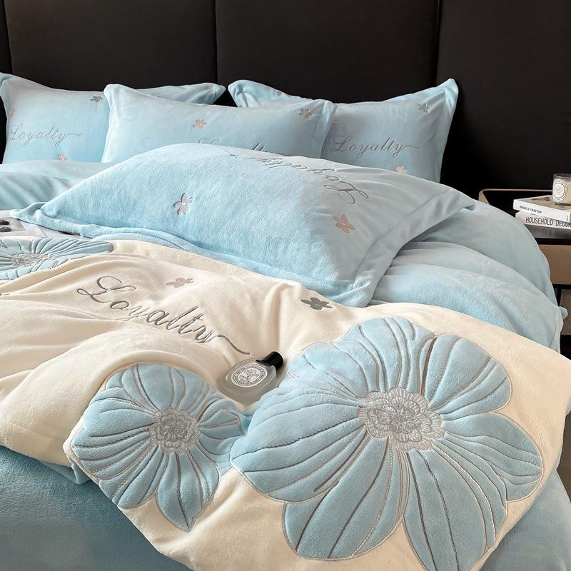 Four-piece Set of Embroidered Thickened Thermal Fleece Quilt Cover Sheets and Bedding