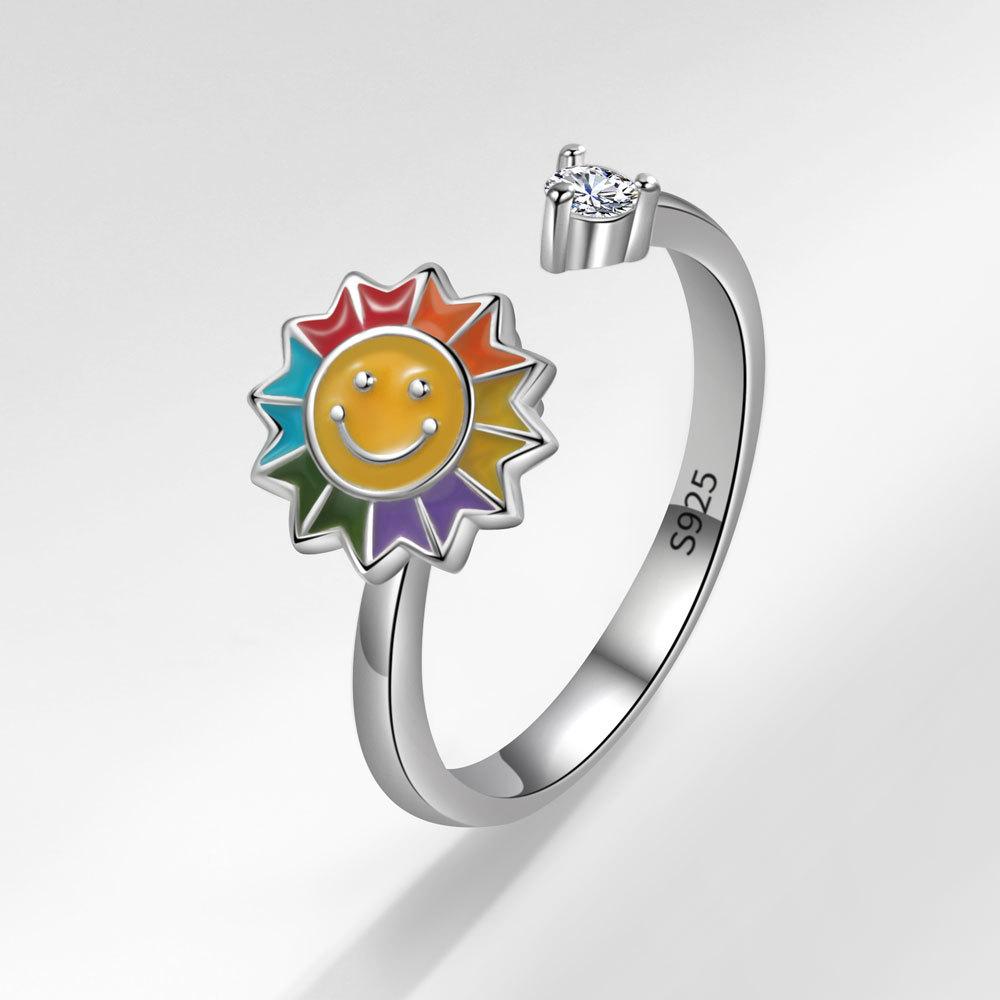 Enamel Daisy Flower Plant Anxiety Knuckle Ring For Women Golden Metal Copper Rotate Freely Ring Fidget Spinner Anillo Ajustable