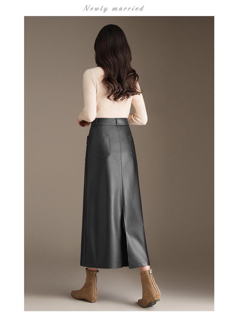 2025 Winter Korean High-Waisted PU Leather Skirt - Plus Size, Mid-Length, Slimming, Versatile, Hip-Hugging Design