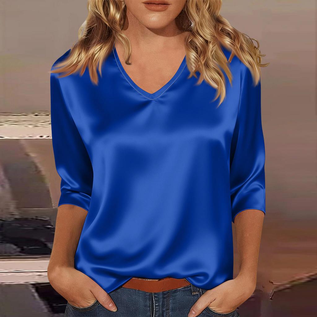 Women's V-neck Three-quarter Sleeve Satin Shirt Top, Lightweight For Spring And Summer