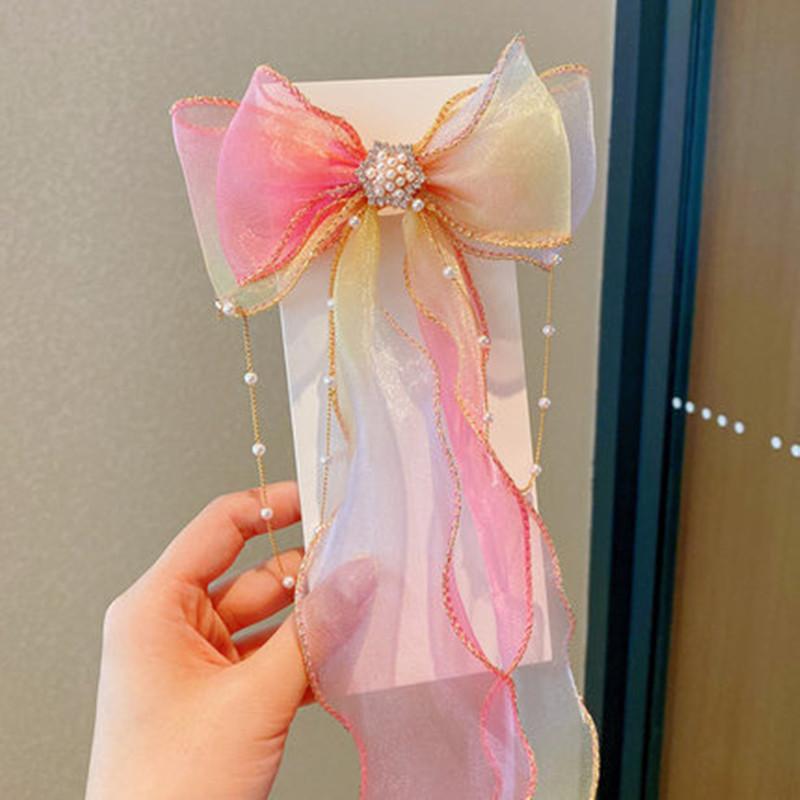 Perlenkette Mädchen Netz-Streamer Haarspangen Schleifen Schleifenknoten Quaste Pferdeschwanz-Klammern Farbverlauf Flecht-Haarnadel-Klemmen Haar-Accessoires