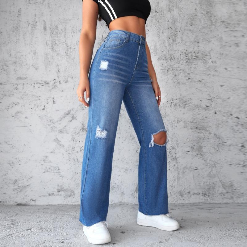 Straight jeans women's washed ripped and non-elastic wide-leg trousers