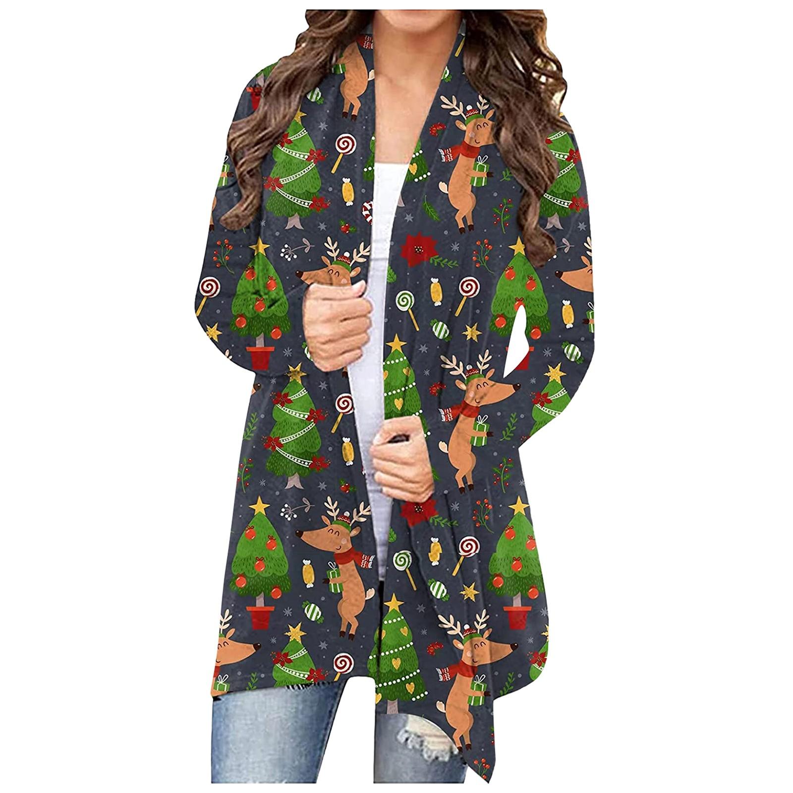 

Women s Christmas Long Sleeve Front Cardigan Printed Top Lightweight Jacket L зелений