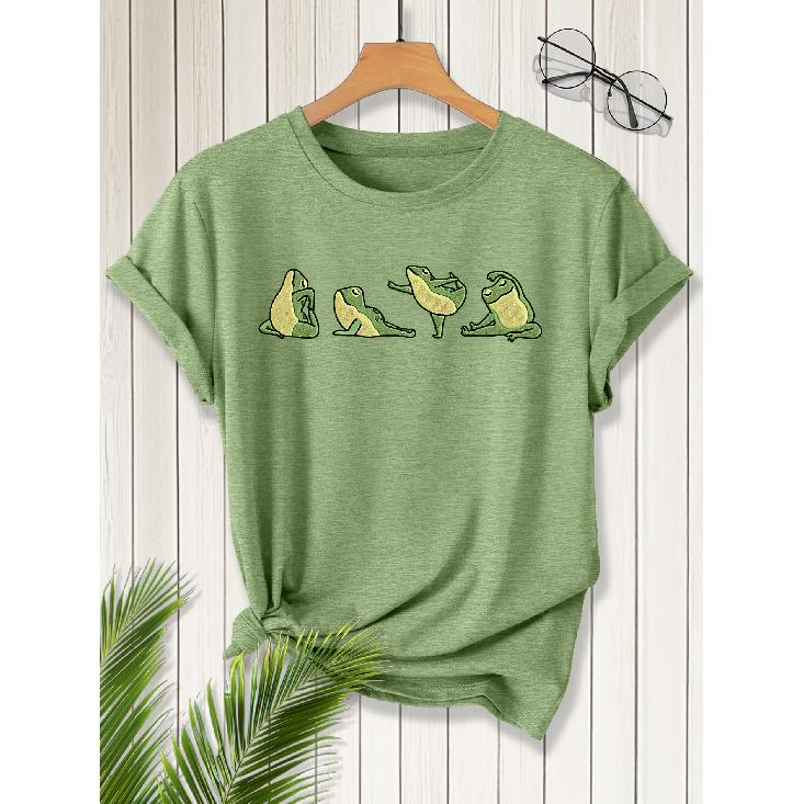 Elegant short-sleeved dress for women Cute Yoga Frog Print Crew Neck T Shirt Suitable for spring wear Summer Autumn Winter fashion