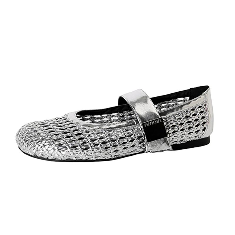 Fashion Women's New Leather Cowhide Woven Hollow Breathable Round Head Metal Belt Buckle Low Heel Plus Size Mary Jane Casual Single Shoe