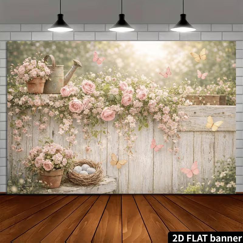 2D Pink Rose Vintage Wood Fence Butterfly Photography Backdrop Floral Background Banner