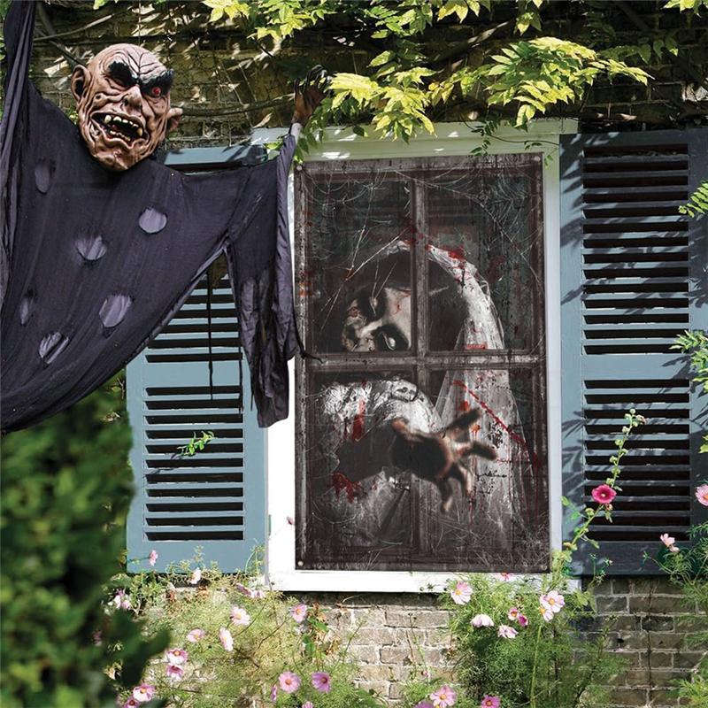 M-Modern-Halloween Window Decoration Horror Long Hair Woman Horror Window Background Halloween Window Poster Decoration