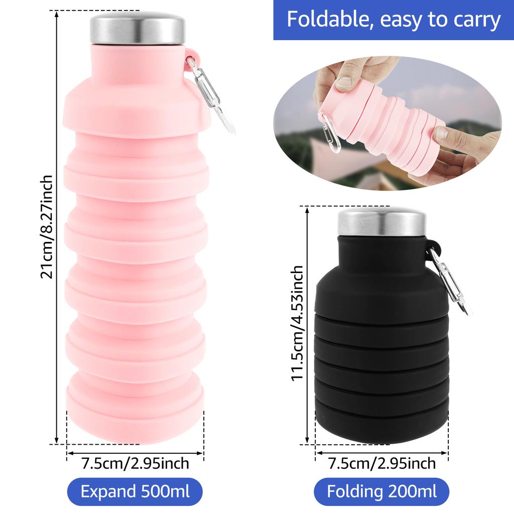 2Pcs Collapsible Silicone Water Bottle with Clasps 500ml Portable Sport Bottle Leakproof Outdoor Travel Hike Sport Water Cup