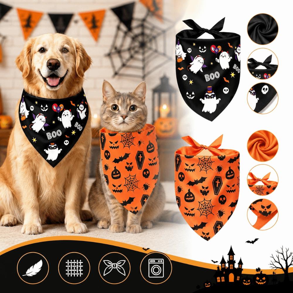 Cute Pet Halloween Bandana Pumpkin Print Ghost Pattern Dog Triangle Scarf Lightweight Washable Cat Saliva Towel Spooky Night