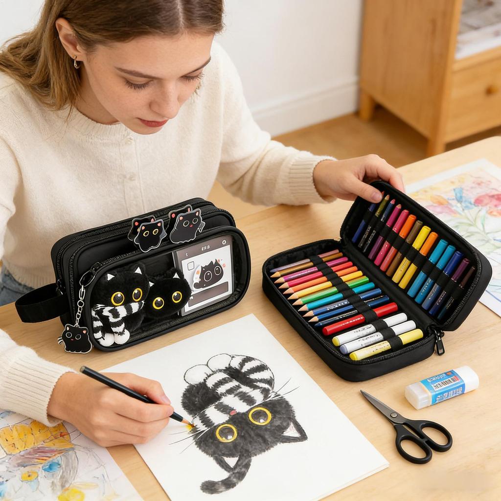 Astuccio Portapenne Gatto Carino con 10 Scomparti, Organizer per Cancelleria ad Ampia Capacità con Adesivi e Penne Gel, Astuccio per Penne Materiale Scolastico
