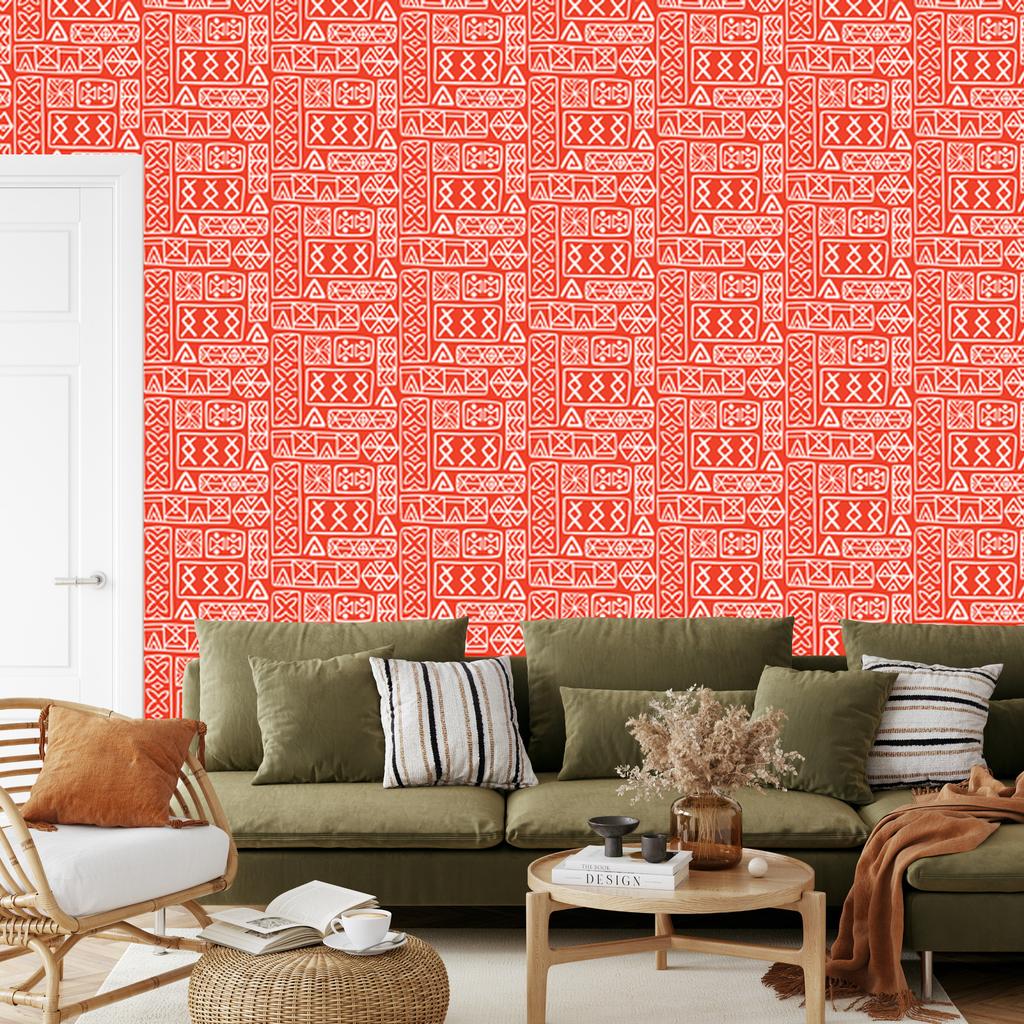 Polynesian Geometric Pattern Wallpaper Coral and Red 50x1000