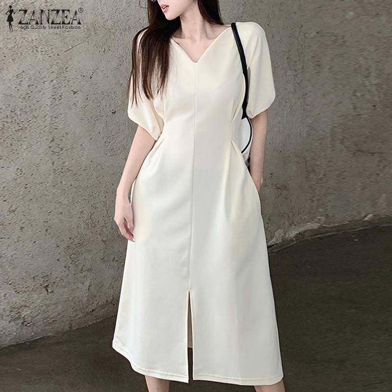 

ZANZEA Женское повседневное однотонное летнее длинное платье с v-образным вырезом и коротким рукавом