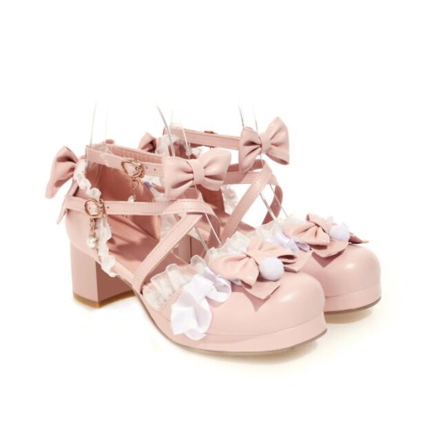 Süße Perle Schleife Mädchenschuhe 2025 Damen Absätze Plateau Spitze Prinzessin Mary Jane Lolita Schuhe Party High Heels Damen Pumps30-43