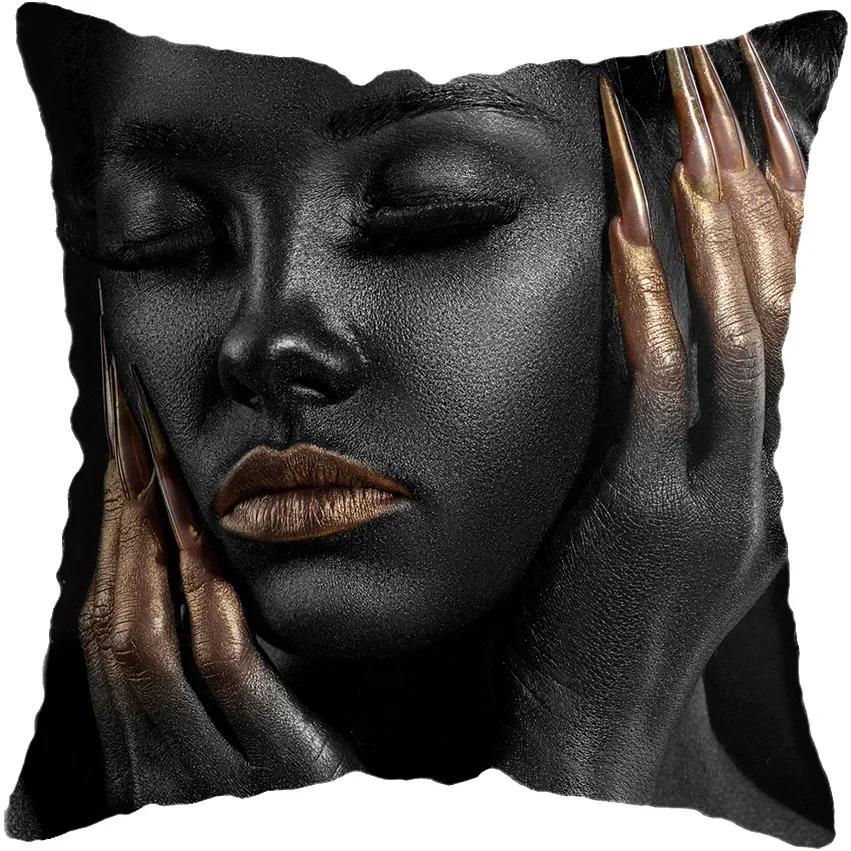 Modern Living Room Black Gold African Lady Woman Style Look Art Deco Sofa Pillowcase Cushion Cover