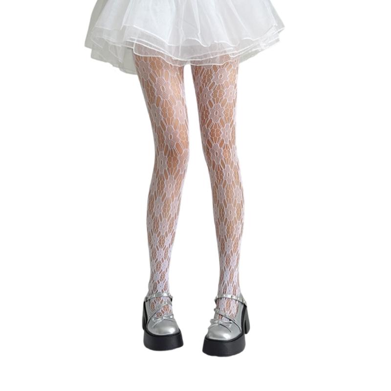 Womens Fashionable Fishnet Tights with Lace Floral Pattern Aesthetic Vintage Hollowed Out Sheer Mesh Pantyhose Stockings 1