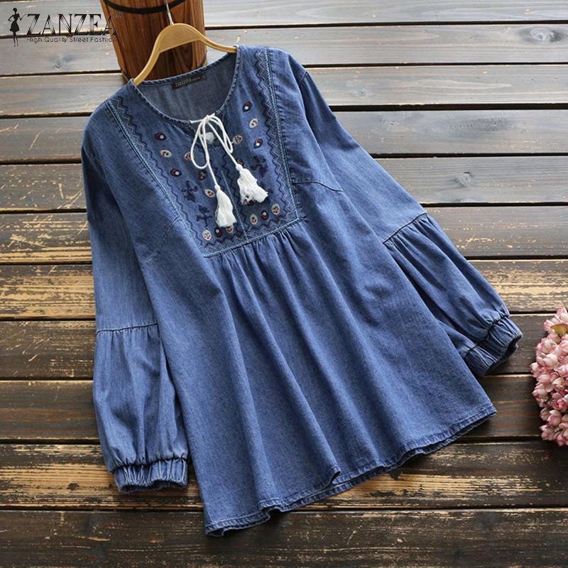 ZANZEA Vintage Mujer Linterna Manga Cuello V Bordado Estampado Corbata  Blusa Casual Suelto Algodón Denim Camisas Tops comprar a buen precio —  entrega gratuita, reseñas reales con fotos — Joom