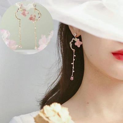 2025 Nouvelles Boucles d'Oreilles Pendantes Asymétriques à Fleurs Style Coréen Pour Femmes Strass Brillants Longue Pampille Boucle d'Oreille Chat Mignonne Bijoux Doux