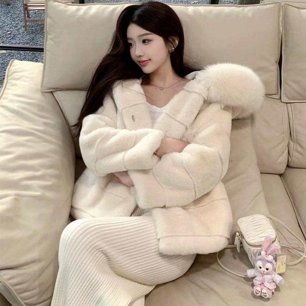 2025 Winter Eco-friendly Mid-length Hooded Faux Mink Velvet & Fox Fur Women's Coat