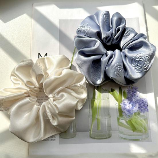 Elástico de Cabelo Feminino Cor Pura Estampa de Camélia Alta Elasticidade Corda de Cabelo Cetim Liso Scrunchy de Cabelo Acessório de Cabelo Sem Danos