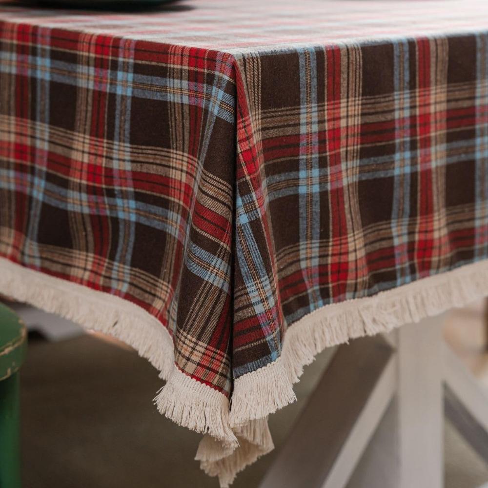 

Christmas Tassel Rectangle Tablecloth Plaid Table Cloth Farmhouse Checkered Table Cover for Christmas Thanksgiving Day Halloween 90x90CM