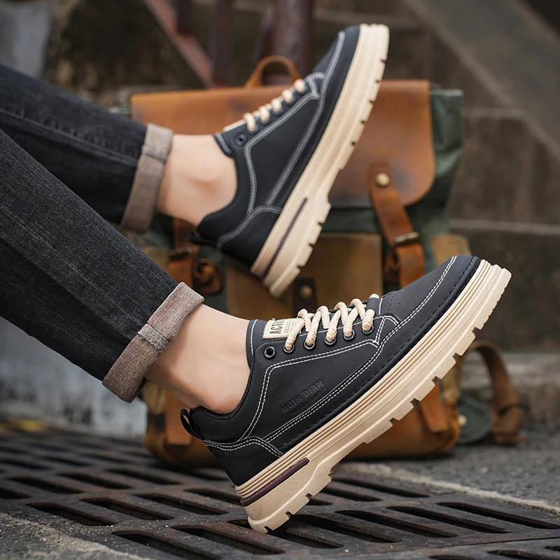 Men Casual Sneakers Men's Sneaker Shoes Autumn Thick Soled Fashion Leather Casual Workwear Sneaker Motorcycle Shoes