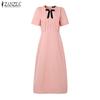 ZANZEA Women Elegant Bow O-neck Casual Summer Short Sleeve Dress