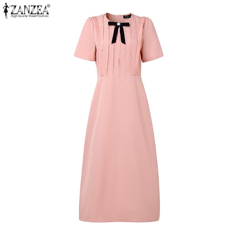 ZANZEA Women Elegant Bow O-neck Casual Summer Short Sleeve Dress
