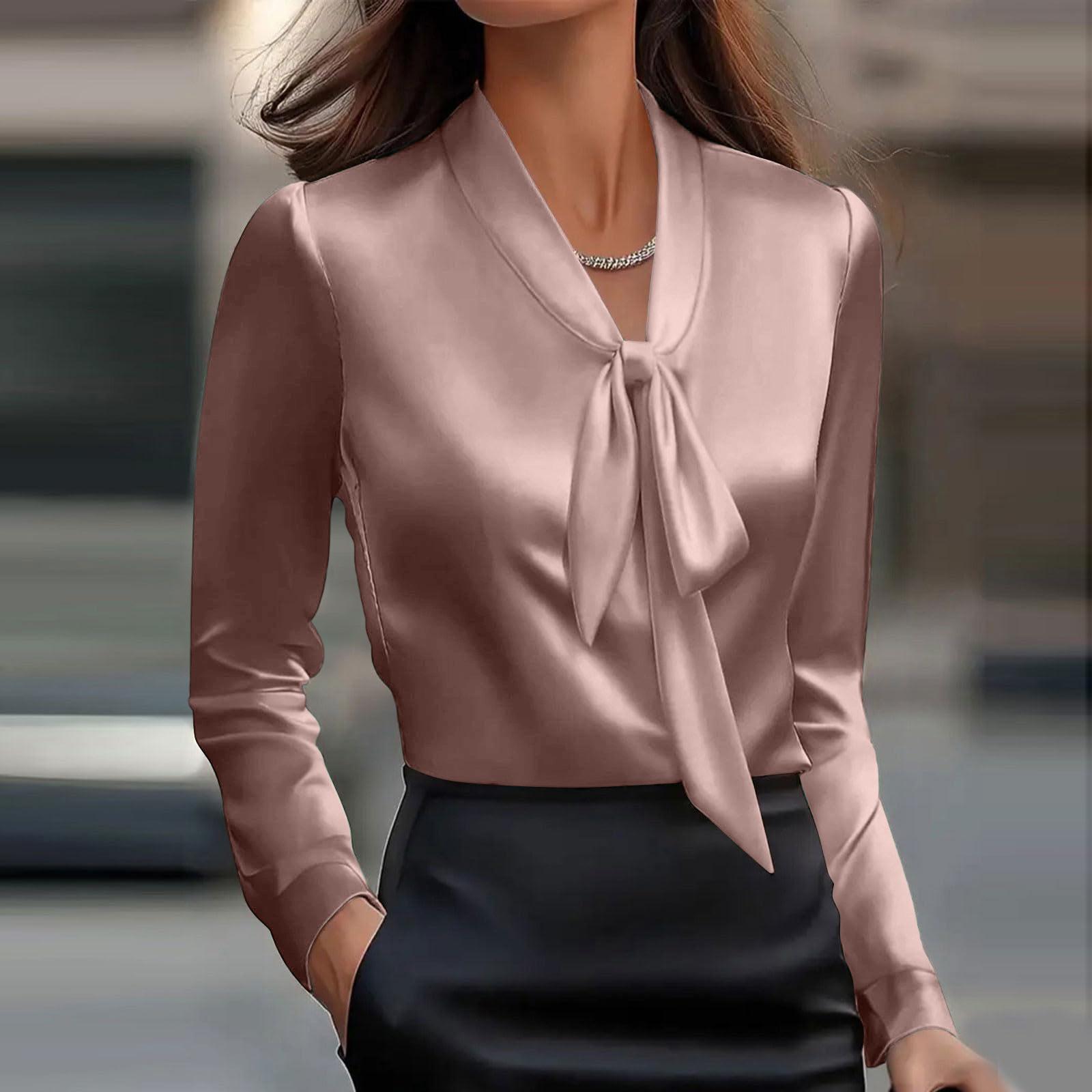 

Ladies Solid Color Fashionable And Elegant Satin Long Sleeved Shirt Top M розовый