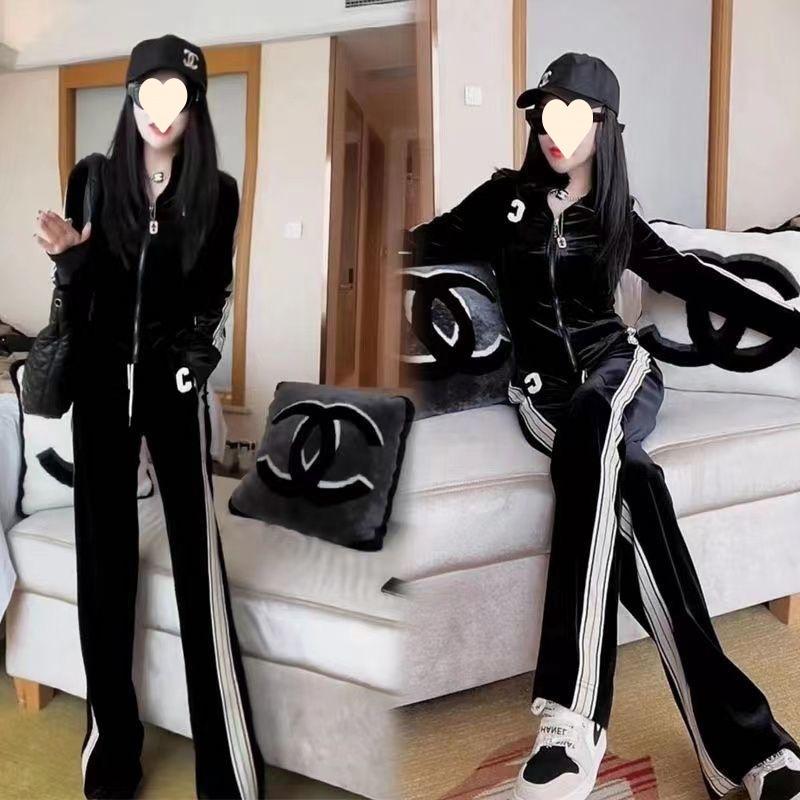 Gold Velvet Casual Sports Suit Women's Spring and Autumn Fashion Jacket Wide-leg Pants Two-piece Set