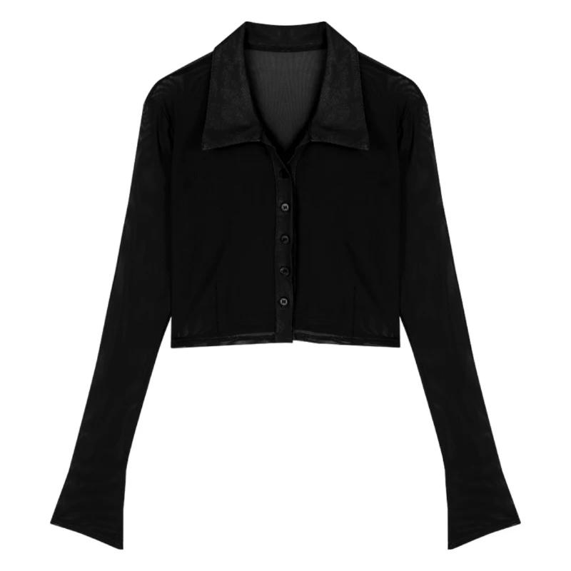 Deeptown Vintage Streetwear Crop Halenky Dámské Jednolité Sexy Průhledné topy ze síťoviny Dámská košile Slim Fit s dlouhým rukávem