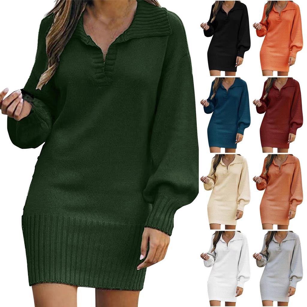 Damen-Pulloverkleid, Revers, Reversärmel, gestrickt, solides langes Kleid