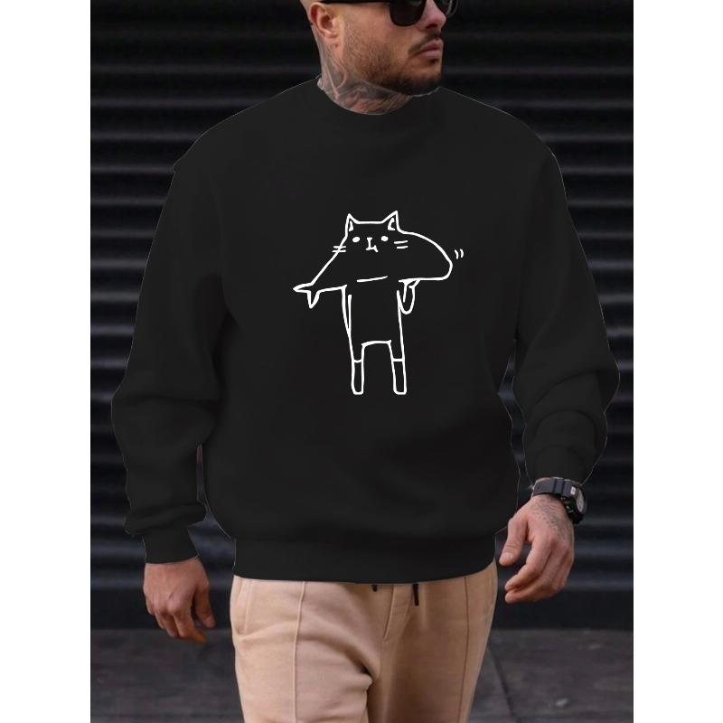 Men's Casual Crew Neck Sweatshirt with Cat Carrying a Fish Pattern