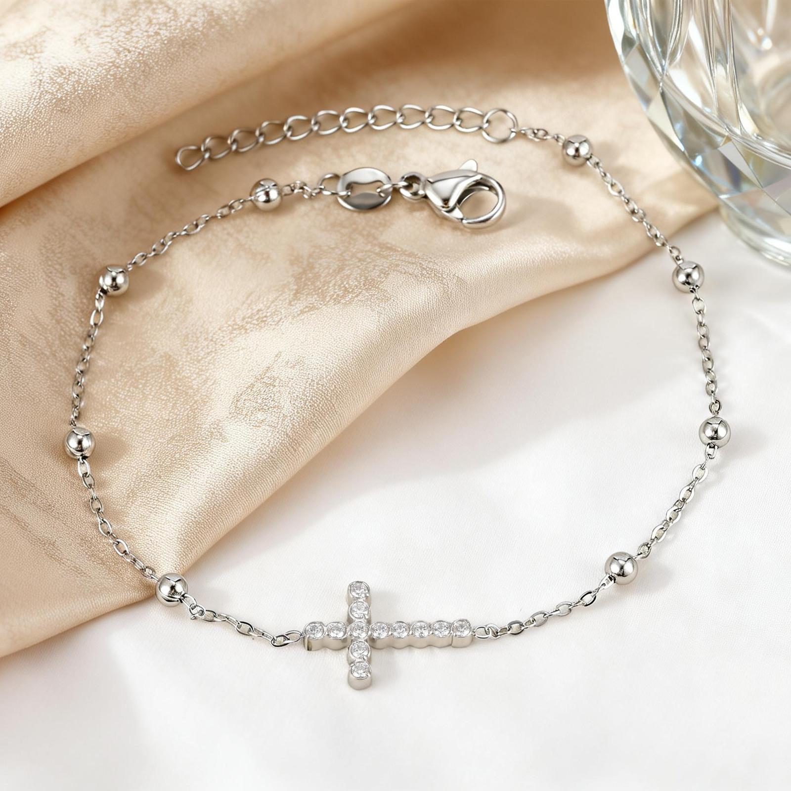 Vnox Stainless Steel Round Seed Beaded Zircon Cross Bracelet Religious Cross Charm Bracelets Trendy Accessory Jewelry Gifts