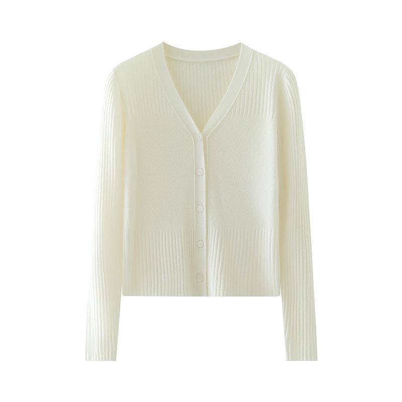 Women's Slim Fit V-Neck Cashmere Cardigan - 2024 Autumn/Winter Solid Color Knit Top